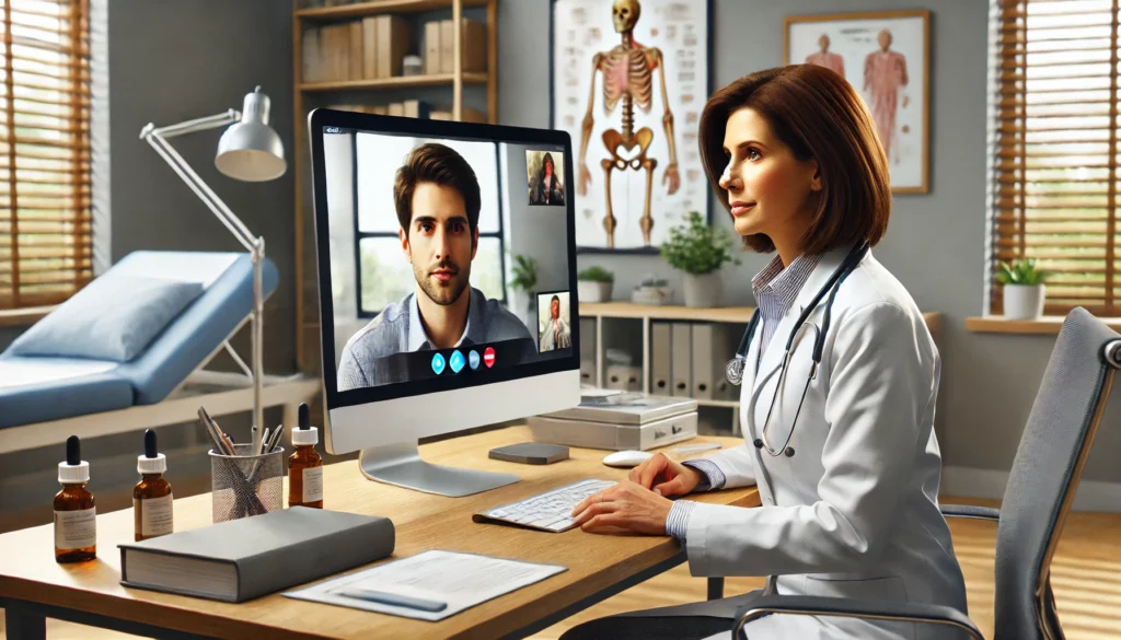 dermatologist conducting a telemedicine consultation with a patient